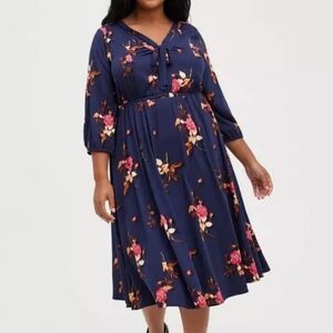 Torrid Midi Stretch Challis Tie Neck Dress Blue Floral Plus Size 6X